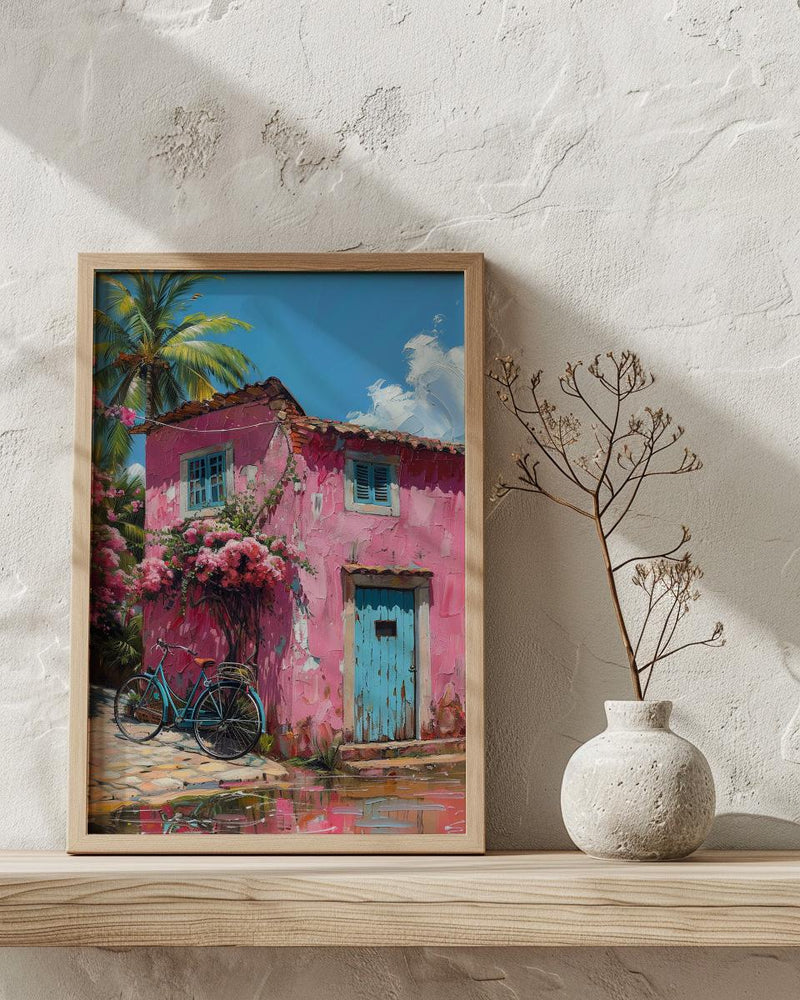 Goa Pastel House Wall Art, Tropical Spring Bicycle Print - Textured Impasto Oil Painting