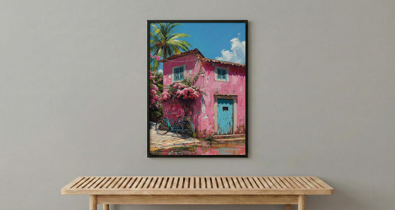 Goa Pastel House Wall Art, Tropical Spring Bicycle Print - Textured Impasto Oil Painting
