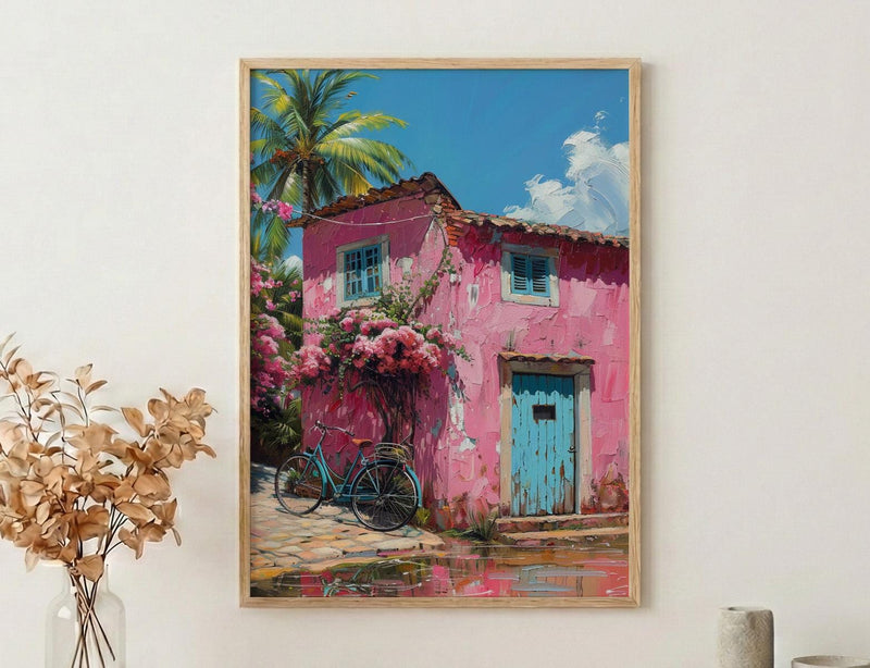 Goa Pastel House Wall Art, Tropical Spring Bicycle Print - Textured Impasto Oil Painting