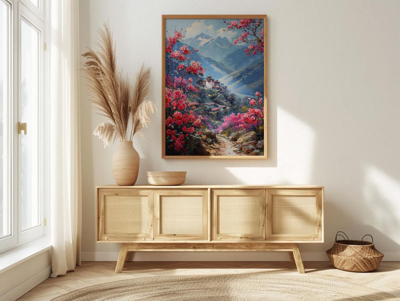Bhutan Mountain Valley Wall Art, Red Rhododendron Decor - Living Room Decor