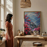 Bhutan Mountain Valley Wall Art, Red Rhododendron Decor - Living Room Decor