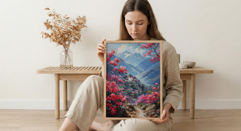 Bhutan Mountain Valley Wall Art, Red Rhododendron Decor - Living Room Decor