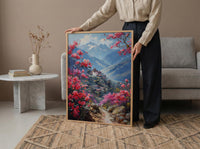 Bhutan Mountain Valley Wall Art, Red Rhododendron Decor - Living Room Decor