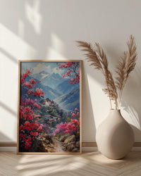 Bhutan Mountain Valley Wall Art, Red Rhododendron Decor - Living Room Decor