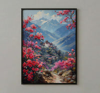 Bhutan Mountain Valley Wall Art, Red Rhododendron Decor - Living Room Decor