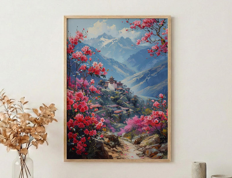 Bhutan Mountain Valley Wall Art, Red Rhododendron Decor - Living Room Decor