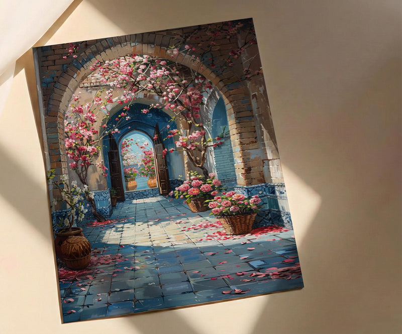 Samarkand Blue Mosaic Poster, Pink Almond Blossom Decor - Entryway Decor Art