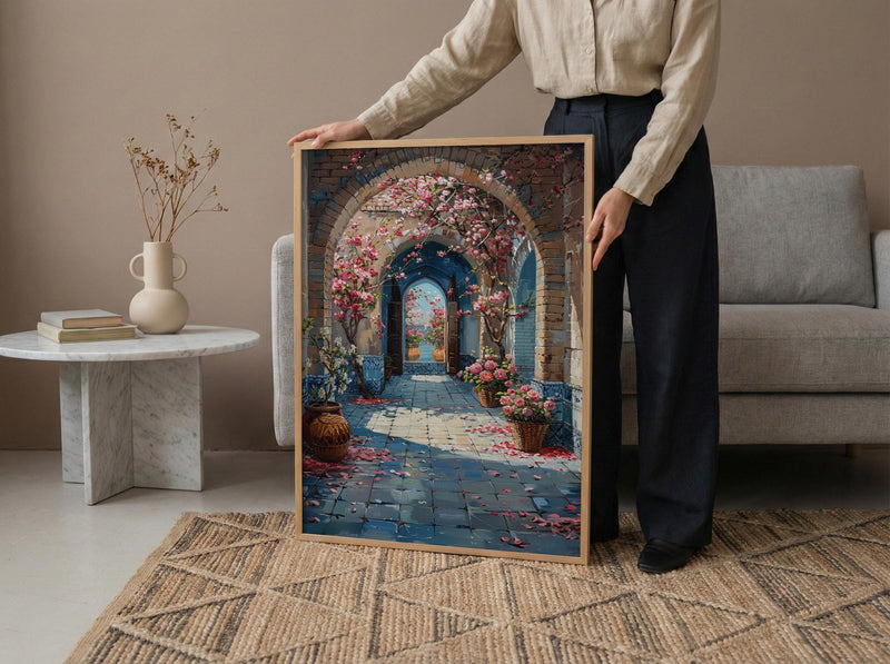 Samarkand Blue Mosaic Poster, Pink Almond Blossom Decor - Entryway Decor Art