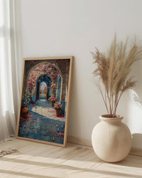 Samarkand Blue Mosaic Poster, Pink Almond Blossom Decor - Entryway Decor Art