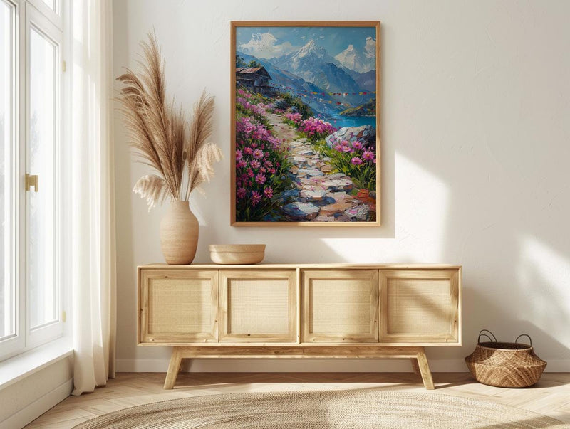 Nepal Himalayas Art Print, Spring Prayer Flags Decor - Thick Oil Painting Style