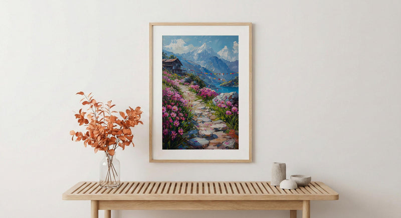 Nepal Himalayas Art Print, Spring Prayer Flags Decor - Thick Oil Painting Style