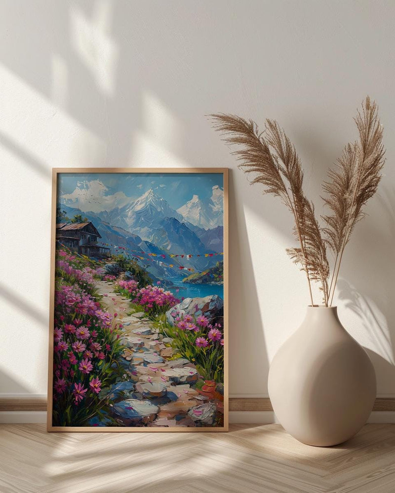 Nepal Himalayas Art Print, Spring Prayer Flags Decor - Thick Oil Painting Style