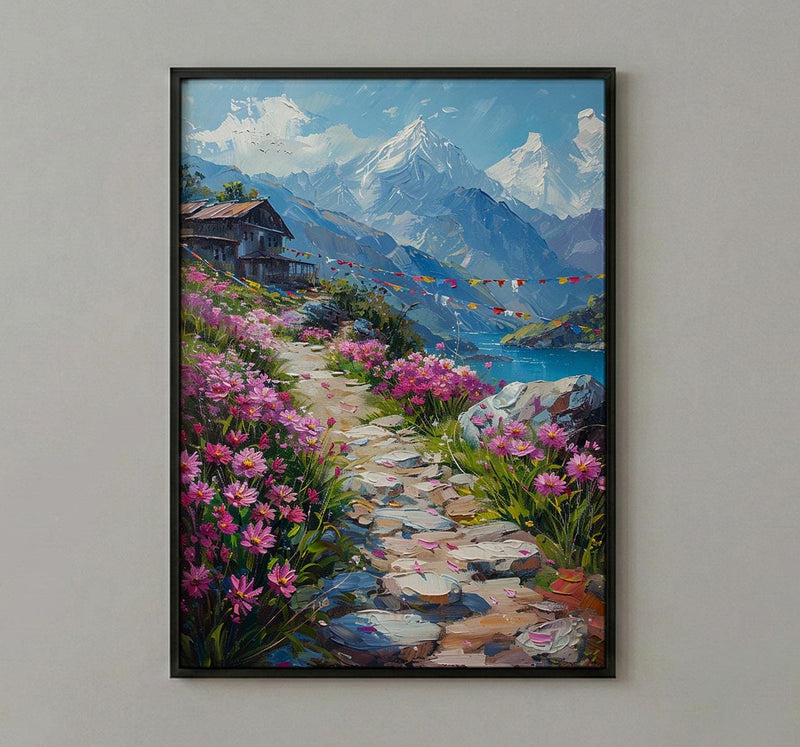 Nepal Himalayas Art Print, Spring Prayer Flags Decor - Thick Oil Painting Style