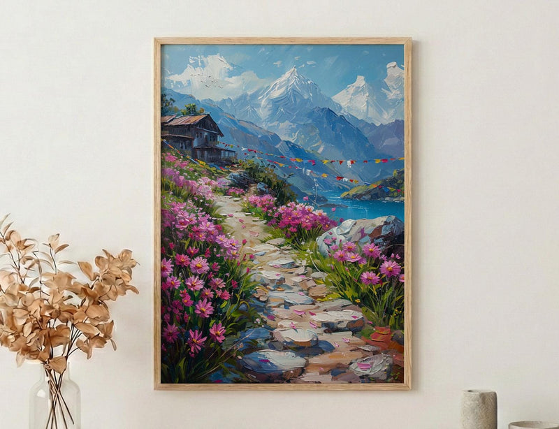 Nepal Himalayas Art Print, Spring Prayer Flags Decor - Thick Oil Painting Style
