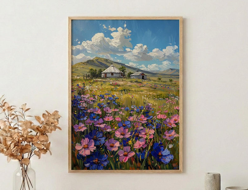 Mongolian Steppe Wall Art, White Yurt Spring Landscape - Living Room Decor