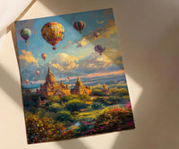 Bagan Hot Air Balloon Poster, Ancient Temple Spring Art - Textured Impasto Oil Painting