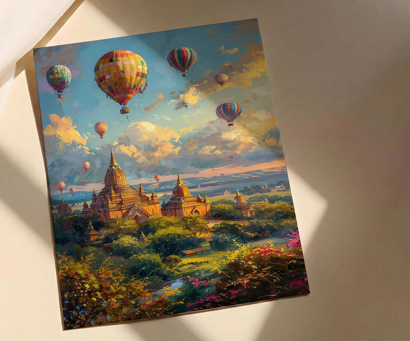 Bagan Hot Air Balloon Poster, Ancient Temple Spring Art - Textured Impasto Oil Painting