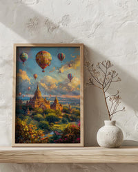 Bagan Hot Air Balloon Poster, Ancient Temple Spring Art - Textured Impasto Oil Painting
