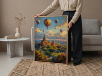 Bagan Hot Air Balloon Poster, Ancient Temple Spring Art - Textured Impasto Oil Painting
