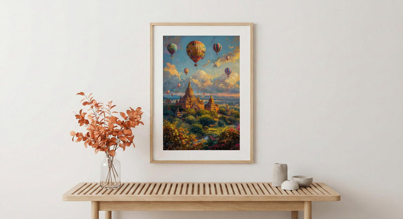 Bagan Hot Air Balloon Poster, Ancient Temple Spring Art - Textured Impasto Oil Painting