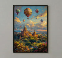 Bagan Hot Air Balloon Poster, Ancient Temple Spring Art - Textured Impasto Oil Painting