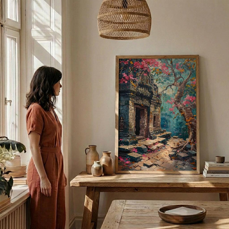 Angkor Wat Jungle Wall Decor, Ancient Ruins Spring Print - Above Bed Art