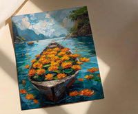 Laos Tropical River Wall Art, Floral Boat Spring Print - Palette Knife Painting Style