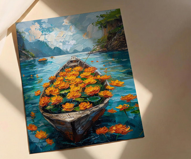 Laos Tropical River Wall Art, Floral Boat Spring Print - Palette Knife Painting Style