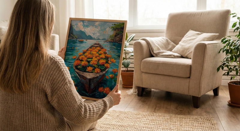 Laos Tropical River Wall Art, Floral Boat Spring Print - Palette Knife Painting Style