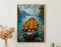 Laos Tropical River Wall Art, Floral Boat Spring Print - Palette Knife Painting Style