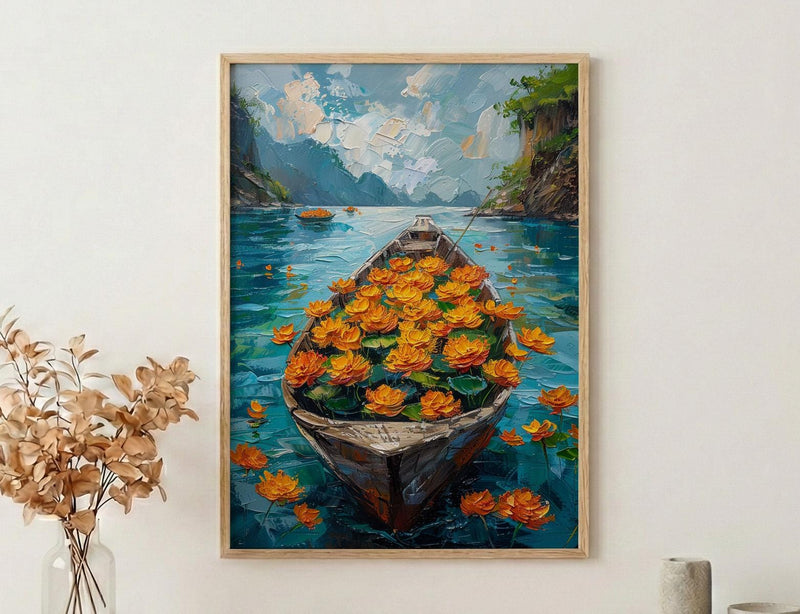 Laos Tropical River Wall Art, Floral Boat Spring Print - Palette Knife Painting Style