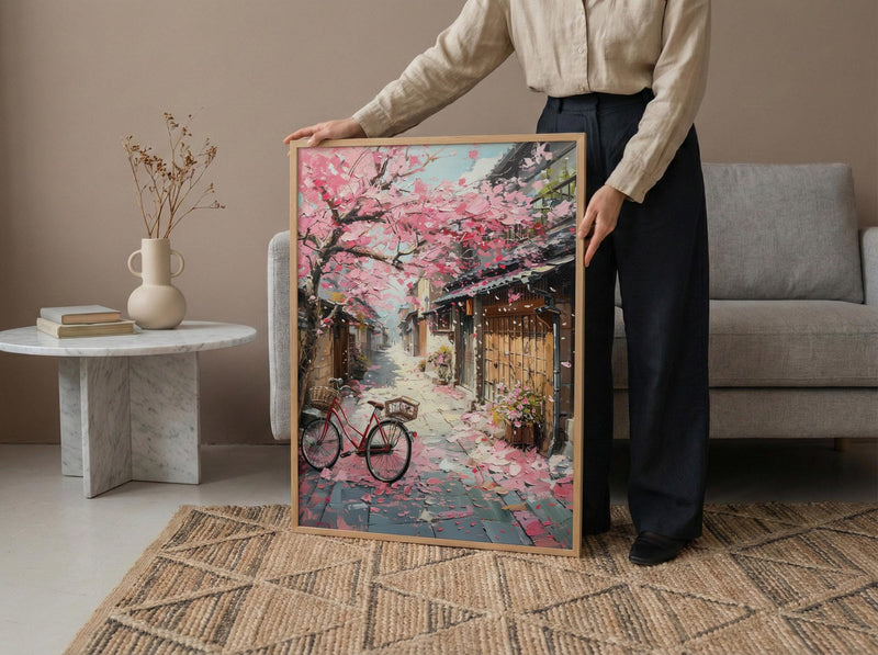 Kyoto Sakura Bicycle Art Print, Pink Cherry Blossom Decor - Housewarming Gift