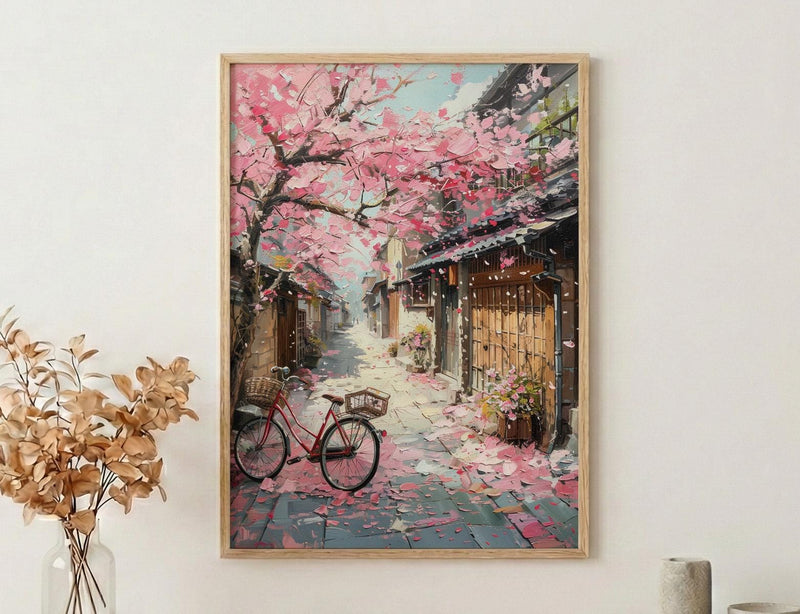 Kyoto Sakura Bicycle Art Print, Pink Cherry Blossom Decor - Housewarming Gift