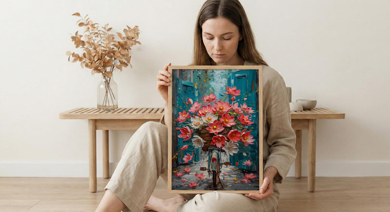 Hanoi Lotus Bicycle Wall Art, Pink Spring Floral Decor - Living Room Decor