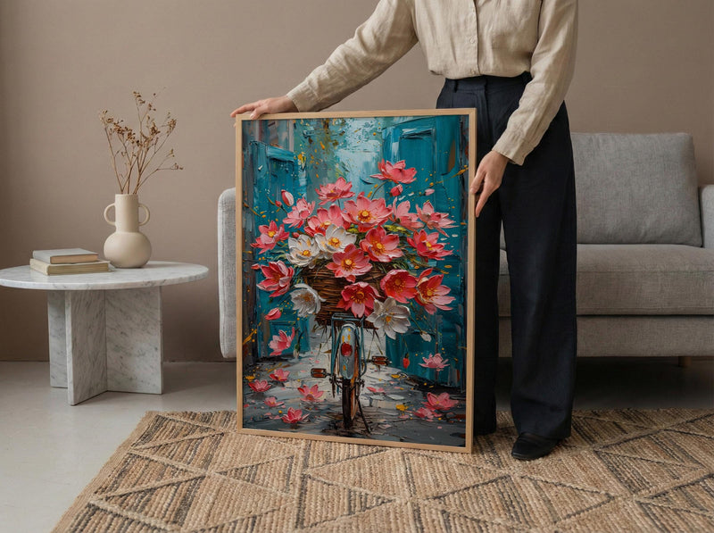 Hanoi Lotus Bicycle Wall Art, Pink Spring Floral Decor - Living Room Decor