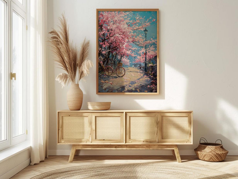 Jinhae Cherry Blossom Poster, Retro Bicycle Spring Art - Housewarming Gift