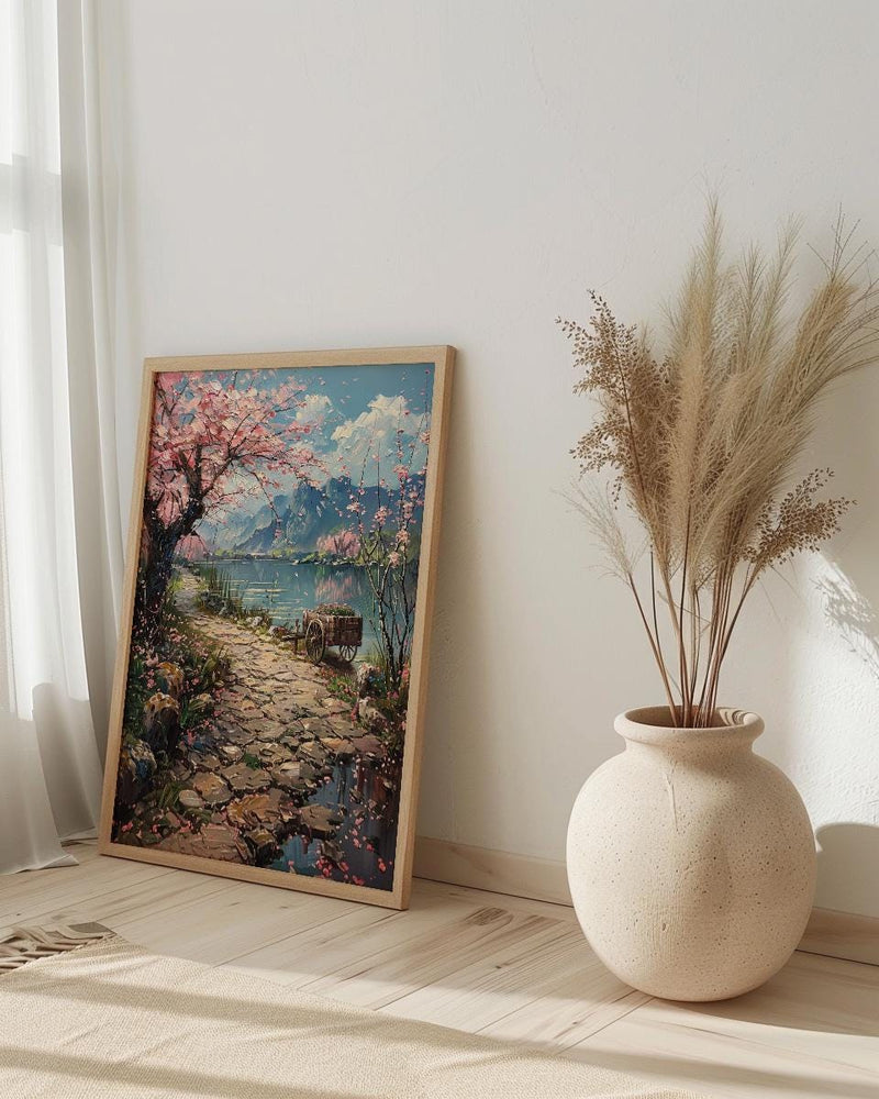 Hangzhou Peach Blossom Wall Decor, Pink Floral Print - Thick Oil Painting Style