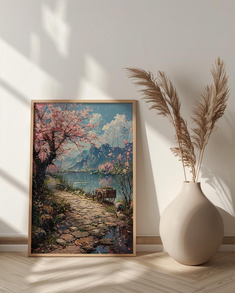 Hangzhou Peach Blossom Wall Decor, Pink Floral Print - Thick Oil Painting Style
