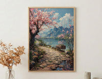Hangzhou Peach Blossom Wall Decor, Pink Floral Print - Thick Oil Painting Style