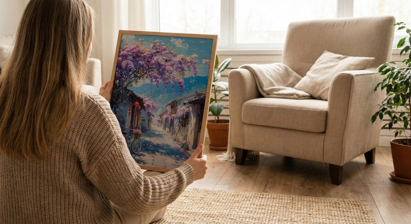 Nara Wisteria Street Poster, Purple Spring Floral Decor - Palette Knife Painting Style