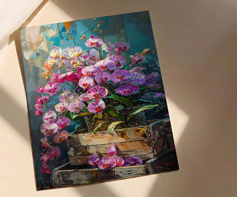 Bangkok Orchid Market Wall Decor, Purple Tropical Floral Print - Living Room Decor