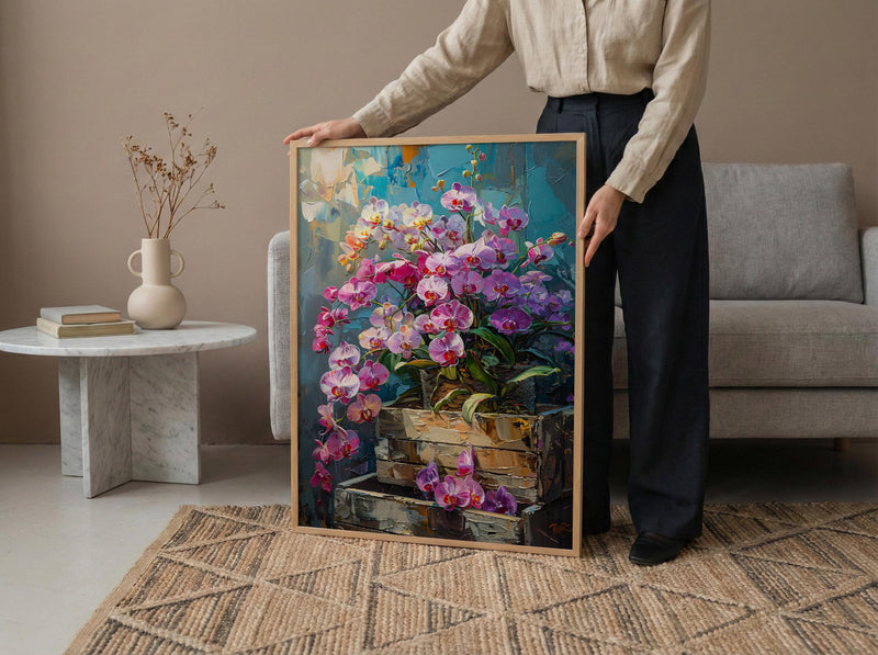 Bangkok Orchid Market Wall Decor, Purple Tropical Floral Print - Living Room Decor