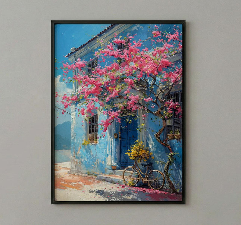 Penang Trishaw Art Print, Pink Bougainvillea Spring Decor - Living Room Decor