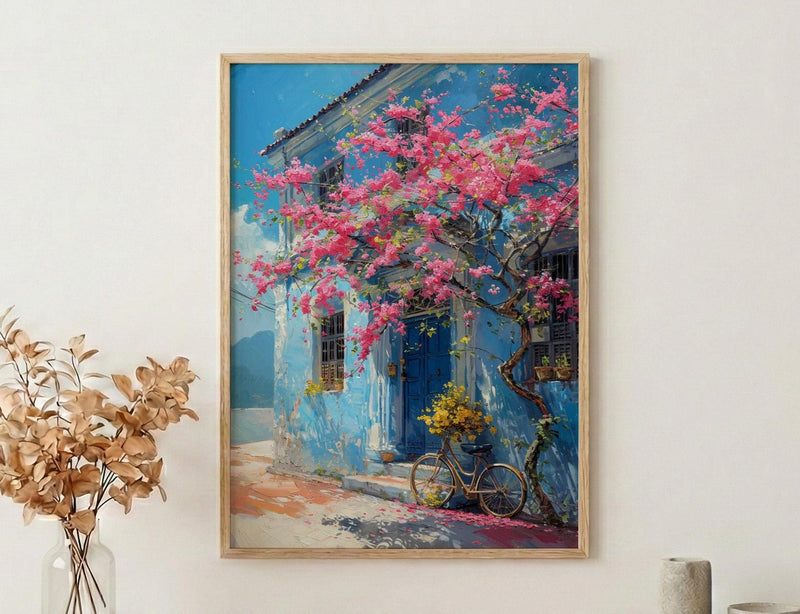 Penang Trishaw Art Print, Pink Bougainvillea Spring Decor - Living Room Decor