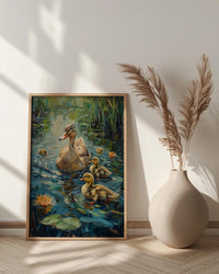 Duck Family Art Print, Nostalgic Animal Decor - Thick Oil Painting Style