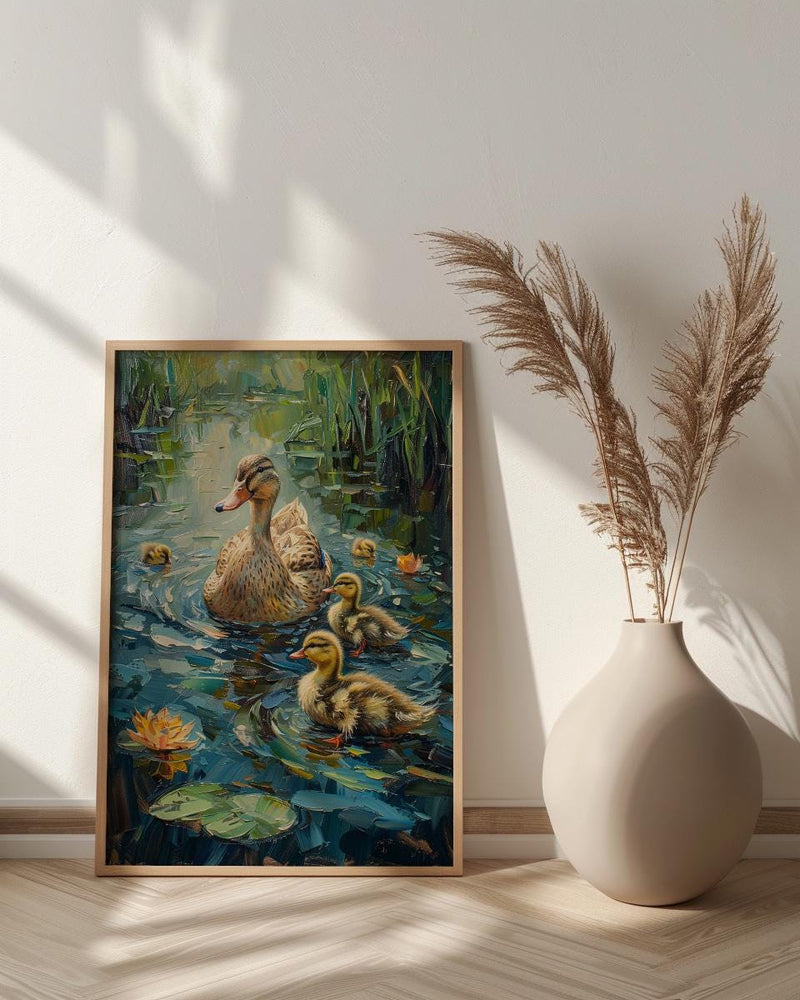 Duck Family Art Print, Nostalgic Animal Decor - Thick Oil Painting Style