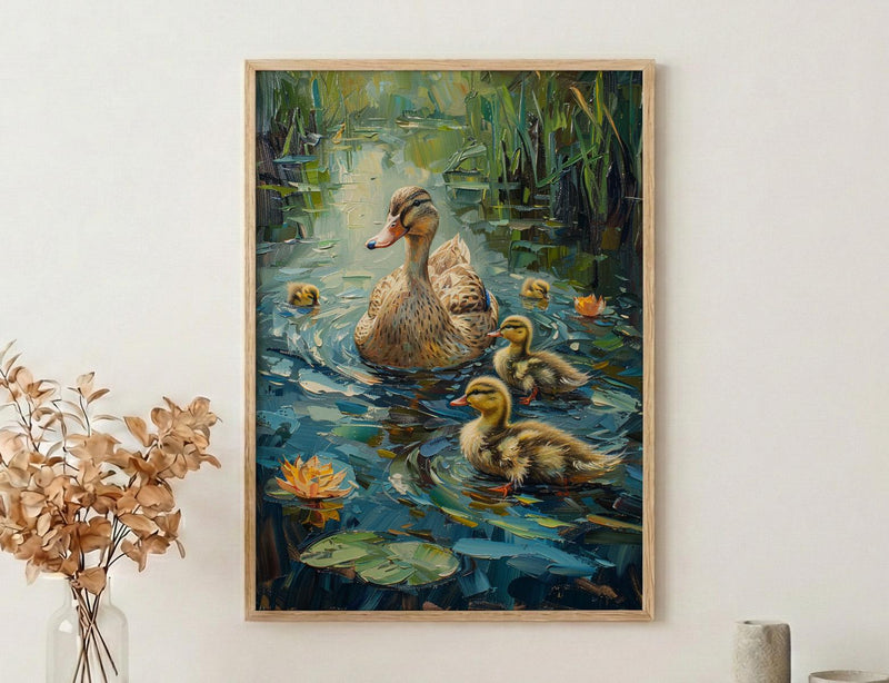 Duck Family Art Print, Nostalgic Animal Decor - Thick Oil Painting Style