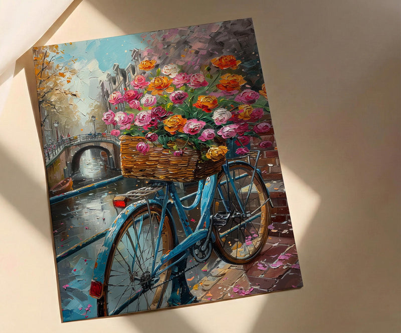 Amsterdam Tulip Bicycle Art Print, Pink Spring Canal Decor - Housewarming Gift