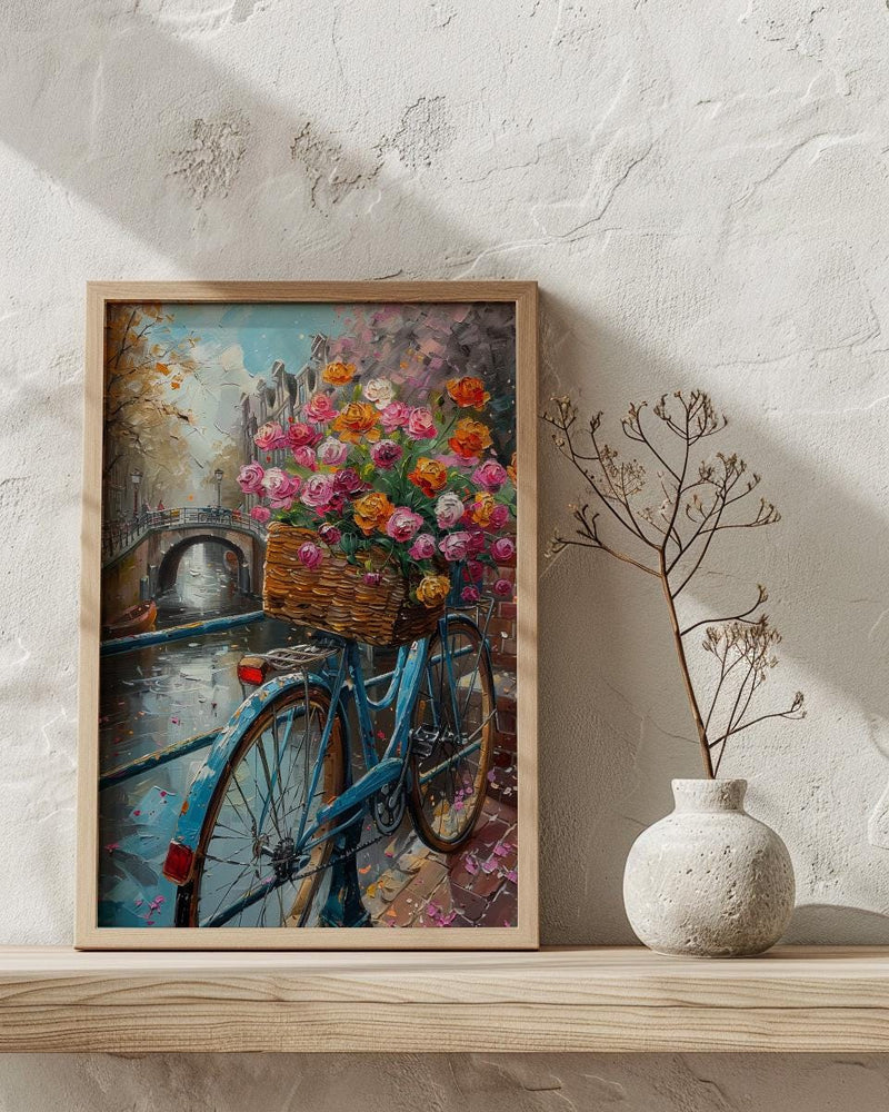 Amsterdam Tulip Bicycle Art Print, Pink Spring Canal Decor - Housewarming Gift