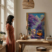 Lisbon Jacaranda Tram Poster, Purple Spring Street Decor - Palette Knife Painting Style